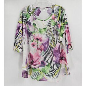 CJ Banks Womens Shirt Top Blouse Size 2X Multicolor Floral Zebra Print